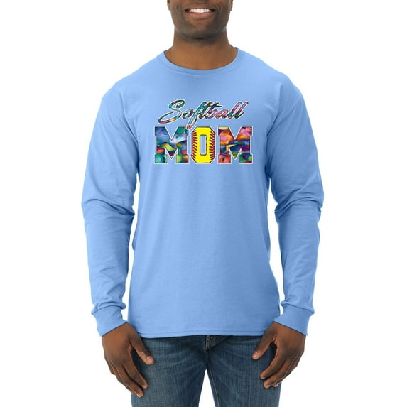 Wild Bobby, Colorful Softball Mom, Mother's Day, Men Long Sleeve Shirt, Light Blue, Small