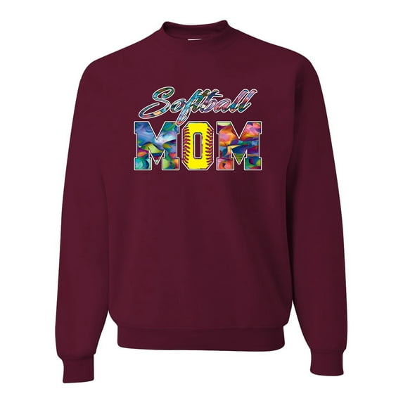 Wild Bobby, Colorful Softball Mom, Mother's Day, Unisex Crewneck Graphic Sweatshirt, Maroon, Large