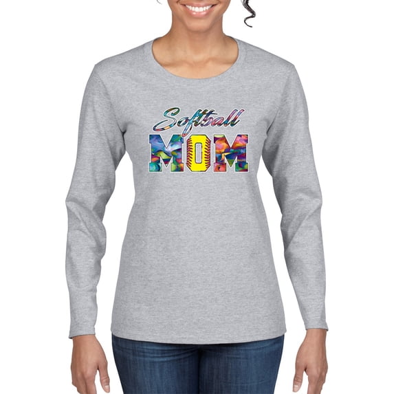 Wild Bobby, Colorful Softball Mom, Mother's Day, Women Graphic Long Sleeve T-Shirt, Heather Grey, Medium