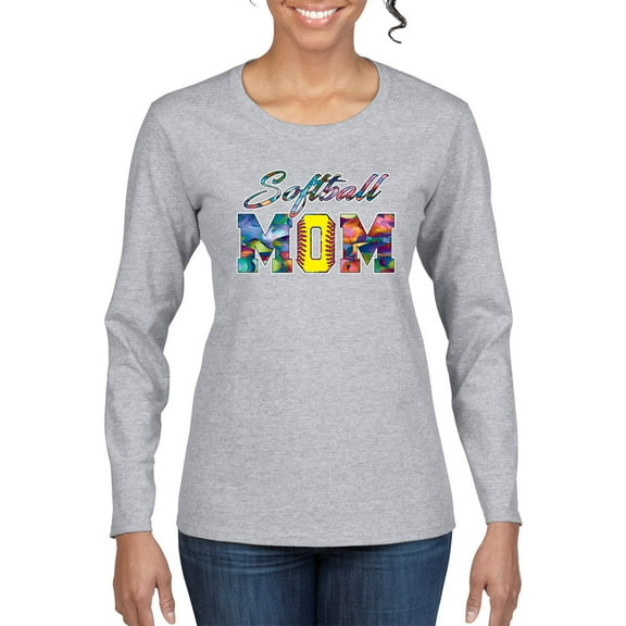 Wild Bobby, Colorful Softball Mom, Mother's Day, Women Graphic Long Sleeve T-Shirt, Heather Grey, Medium