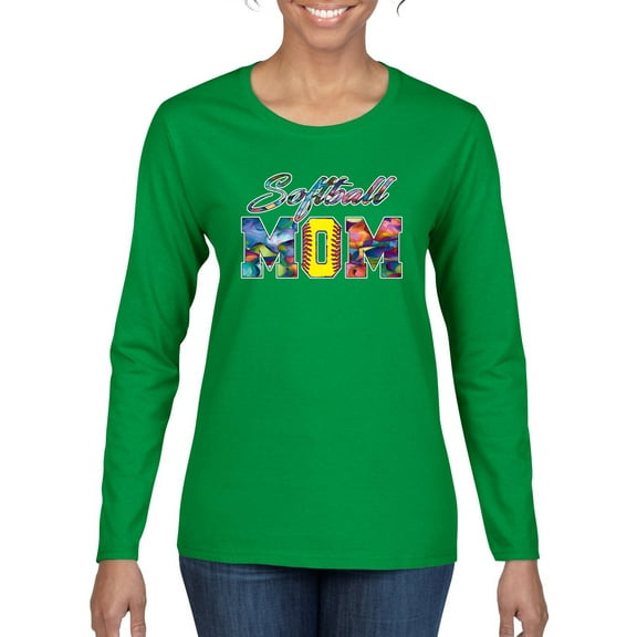 Wild Bobby, Colorful Softball Mom, Mother's Day, Women Graphic Long Sleeve T-Shirt, Kelly, Small
