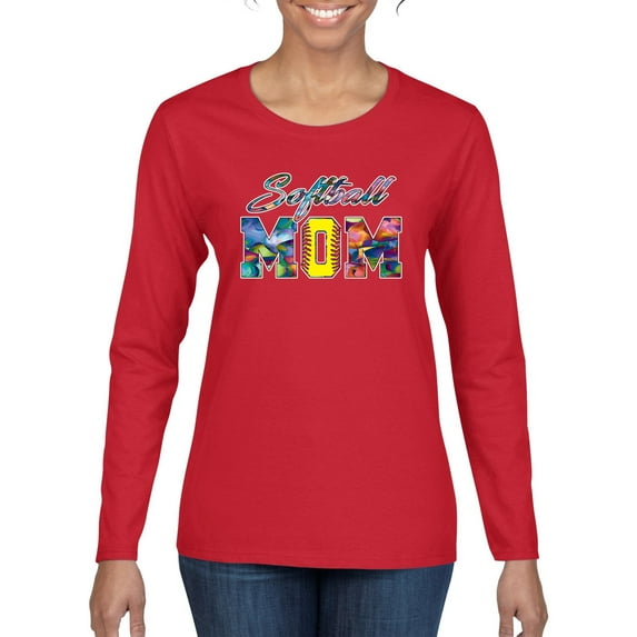 Wild Bobby, Colorful Softball Mom, Mother's Day, Women Graphic Long Sleeve T-Shirt, Red, X-Large