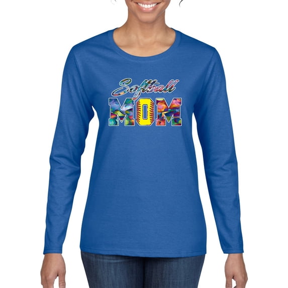 Wild Bobby, Colorful Softball Mom, Mother's Day, Women Graphic Long Sleeve T-Shirt, Royal, Medium