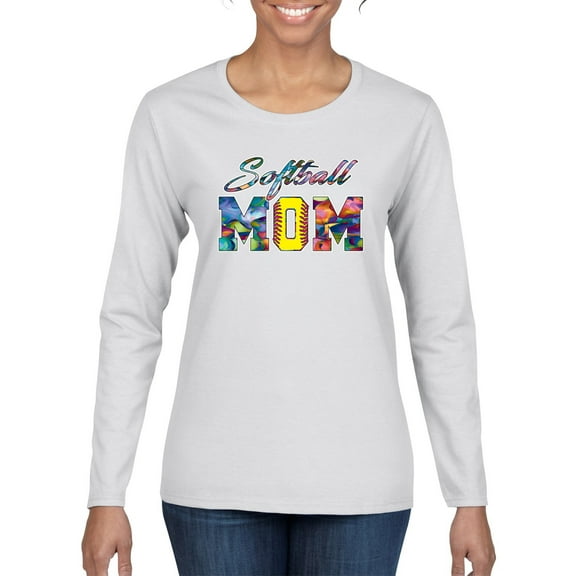 Wild Bobby, Colorful Softball Mom, Mother's Day, Women Graphic Long Sleeve T-Shirt, White, Medium