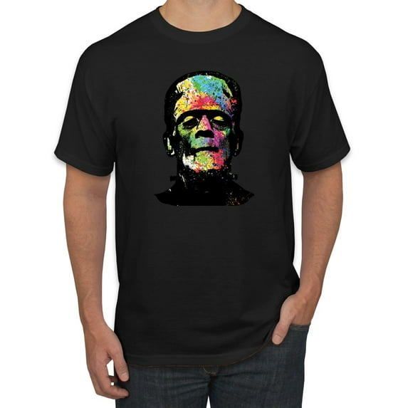 Wild Bobby, Colorful Technicolor Rainbow Frankenstein Face, Pop Culture, Men Graphic Tees, Black, X-Large