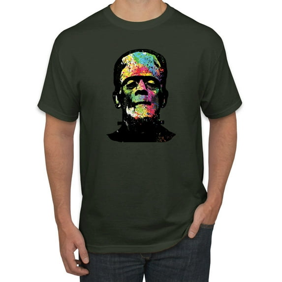 Wild Bobby, Colorful Technicolor Rainbow Frankenstein Face, Pop Culture, Men Graphic Tees, Forest Green, X-Large