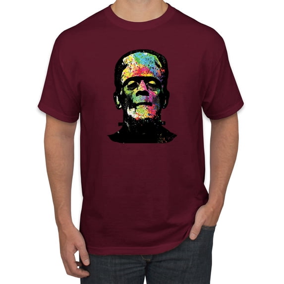 Wild Bobby, Colorful Technicolor Rainbow Frankenstein Face, Pop Culture, Men Graphic Tees, Maroon, X-Large