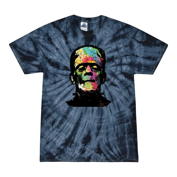 Wild Bobby, Colorful Technicolor Rainbow Frankenstein Face, Pop Culture, Tie-Dye Tees, Spiral Navy, Large