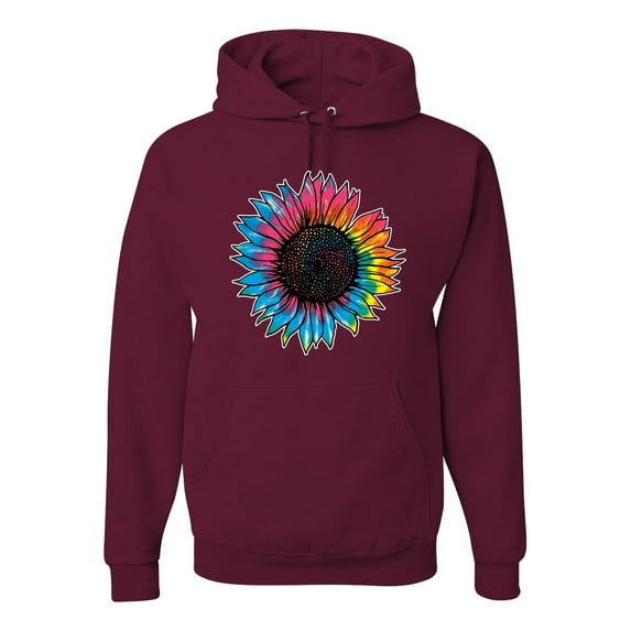Wild Bobby, Colorful Tie Dye Sunflower Womens, Streetwear, Unisex Graphic Hoodie Sweatshirt, Maroon, X-Large