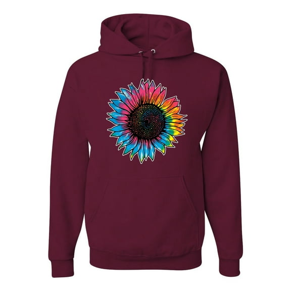 Wild Bobby, Colorful Tie Dye Sunflower Womens, Streetwear, Unisex Graphic Hoodie Sweatshirt, Maroon, X-Large