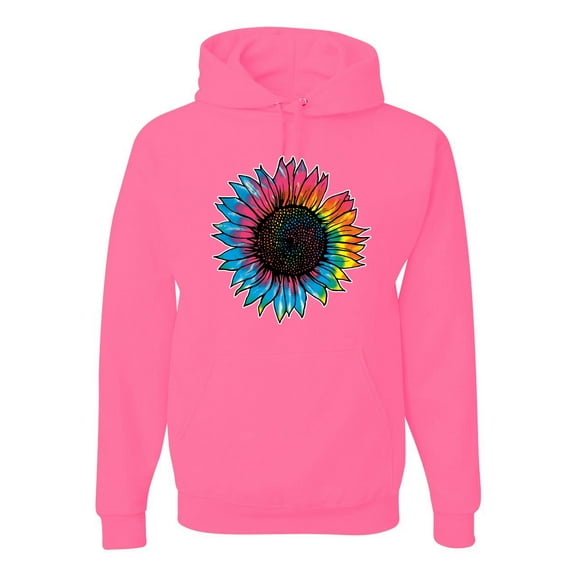 Wild Bobby, Colorful Tie Dye Sunflower Womens, Streetwear, Unisex Graphic Hoodie Sweatshirt, Neon Pink, 2XL