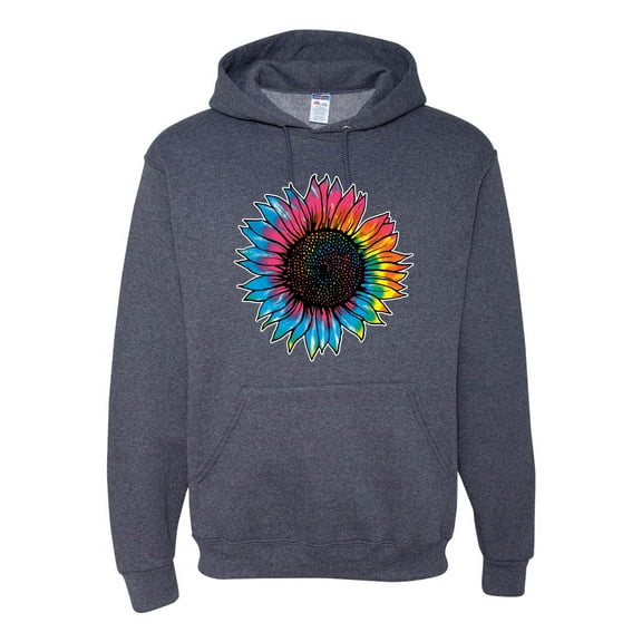 Wild Bobby, Colorful Tie Dye Sunflower Womens, Streetwear, Unisex Graphic Hoodie Sweatshirt, Vintage Heather Navy, X-Large