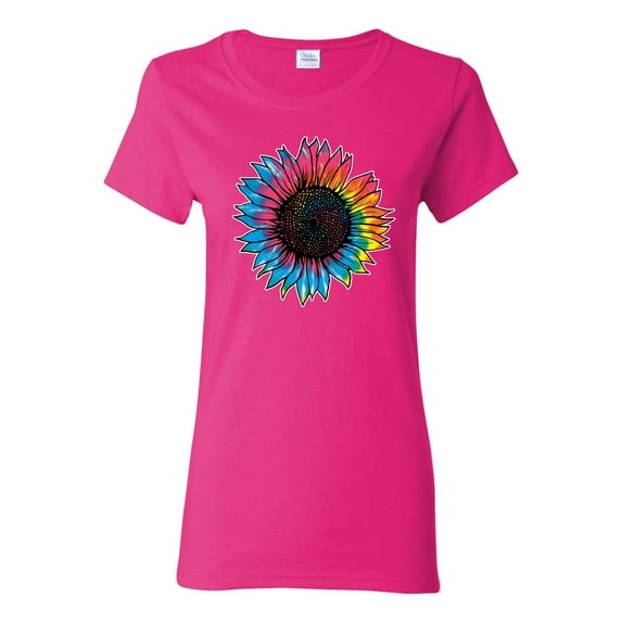 Wild Bobby, Colorful Tie Dye Sunflower Womens, Streetwear, Womens Graphic Tees, Fuschia, 2XL