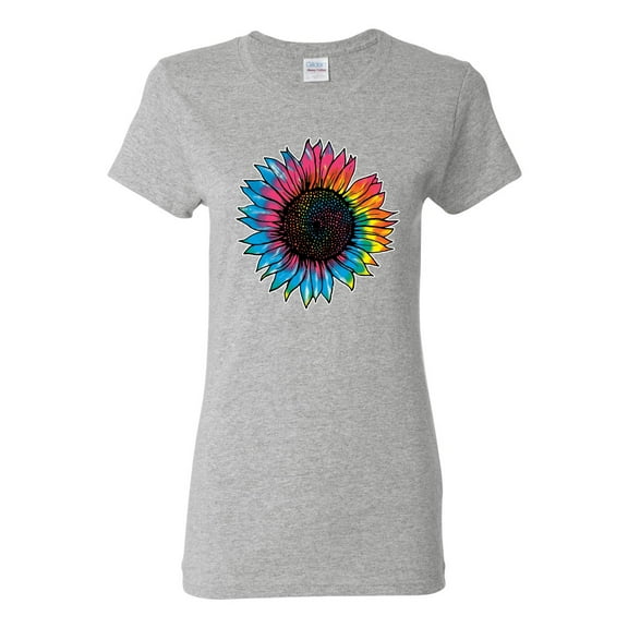 Wild Bobby, Colorful Tie Dye Sunflower Womens, Streetwear, Womens Graphic Tees, Heather Grey, Medium