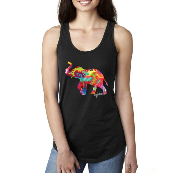 Wild Bobby, Colorful Walking Good Luck Elephant Animal Lover Ladies Racerback Tank Top, Black, Medium