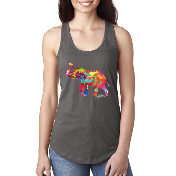 Wild Bobby, Colorful Walking Good Luck Elephant Animal Lover Ladies Racerback Tank Top, Dark Grey, Small