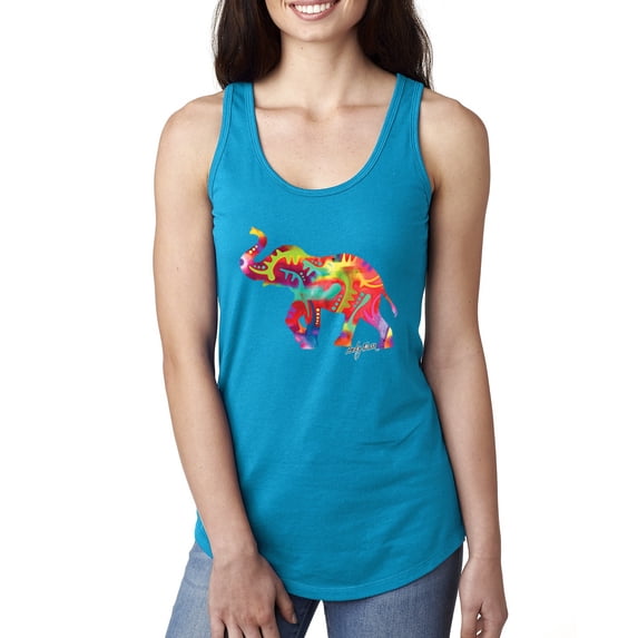 Wild Bobby, Colorful Walking Good Luck Elephant Animal Lover Ladies Racerback Tank Top, Turquoise, Medium
