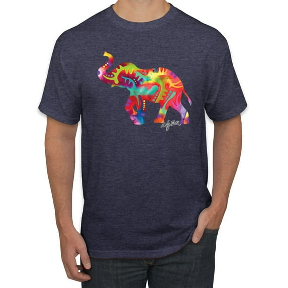 Wild Bobby, Colorful Walking Good Luck Elephant Animal Lover Men's Graphic T-Shirt, Vintage Heather Navy, 2XL