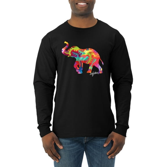 Wild Bobby, Colorful Walking Good Luck Elephant Animal Lover Mens Long Sleeve Shirt, Black, Medium