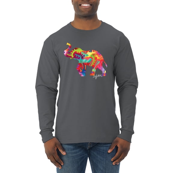Wild Bobby, Colorful Walking Good Luck Elephant Animal Lover Mens Long Sleeve Shirt, Charcoal, X-Large