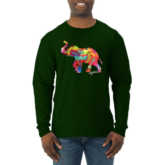 Wild Bobby, Colorful Walking Good Luck Elephant Animal Lover Mens Long Sleeve Shirt, Forest Green, Large