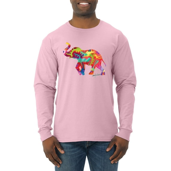 Wild Bobby, Colorful Walking Good Luck Elephant Animal Lover Mens Long Sleeve Shirt, Light Pink, 2XL