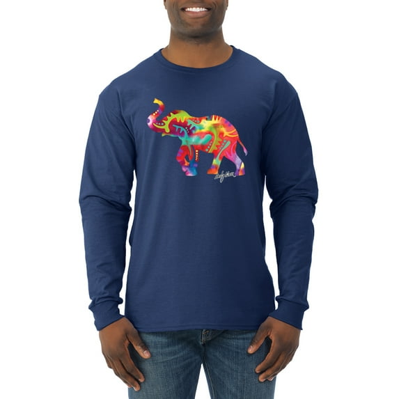 Wild Bobby, Colorful Walking Good Luck Elephant Animal Lover Mens Long Sleeve Shirt, Navy, Large