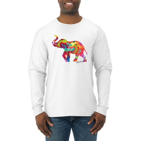 Wild Bobby, Colorful Walking Good Luck Elephant Animal Lover Mens Long Sleeve Shirt, White, Medium