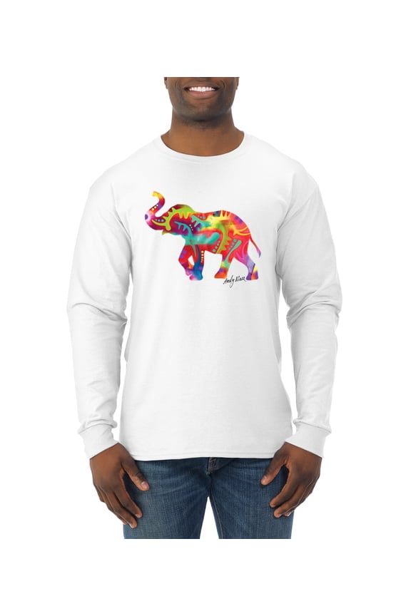 , Colorful Walking Good Luck Elephant Animal Lover Mens Long Sleeve Shirt, White, Medium