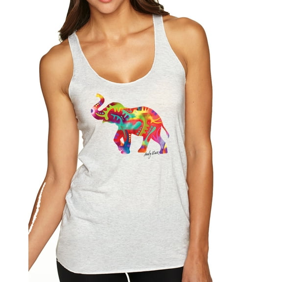 Wild Bobby, Colorful Walking Good Luck Elephant Animal Lover Tri-Blend Racerback Tank Top, Heather White, Large