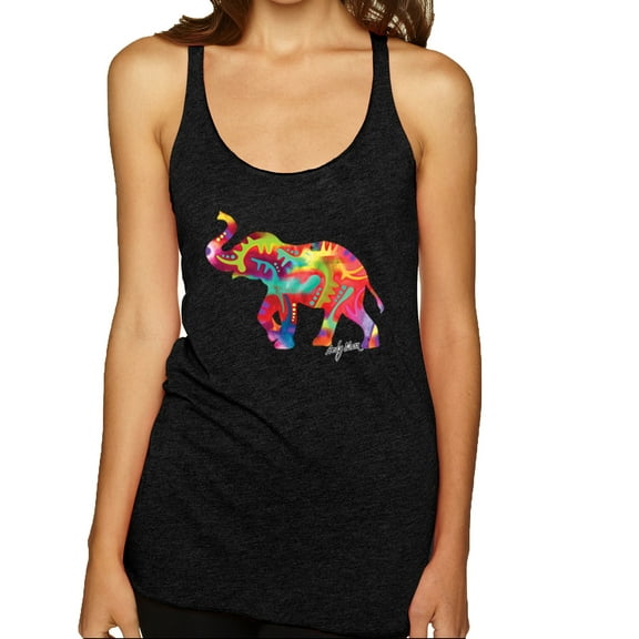 Wild Bobby, Colorful Walking Good Luck Elephant Animal Lover Tri-Blend Racerback Tank Top, Vintage Black, Small