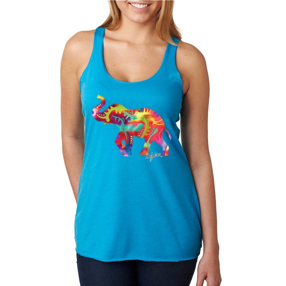 Wild Bobby, Colorful Walking Good Luck Elephant Animal Lover Tri-Blend Racerback Tank Top, Vintage Turquoise, Large