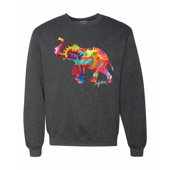Wild Bobby, Colorful Walking Good Luck Elephant Animal Lover Unisex Crewneck Graphic Sweatshirt, Heather Black, 2XL