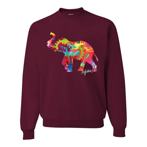 Wild Bobby, Colorful Walking Good Luck Elephant Animal Lover Unisex Crewneck Graphic Sweatshirt, Maroon, Small