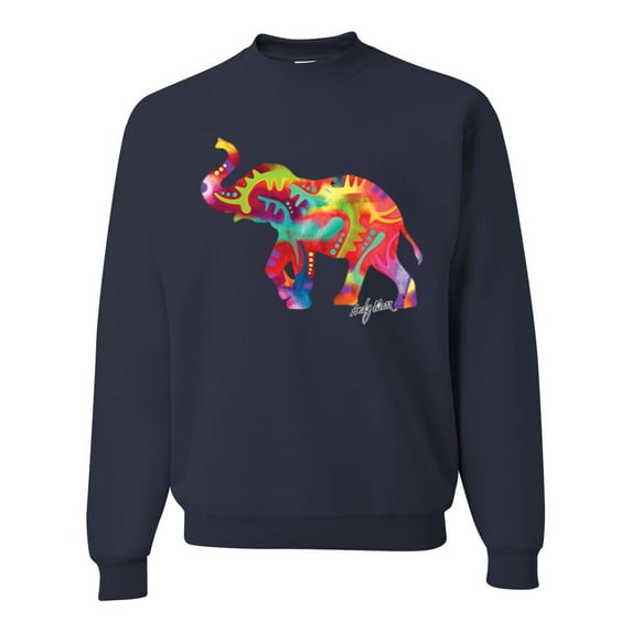 Wild Bobby, Colorful Walking Good Luck Elephant Animal Lover Unisex Crewneck Graphic Sweatshirt, Navy, 2XL