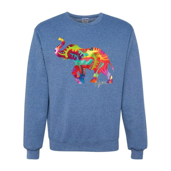 Wild Bobby, Colorful Walking Good Luck Elephant Animal Lover Unisex Crewneck Graphic Sweatshirt, Vintage Heather Blue, Large