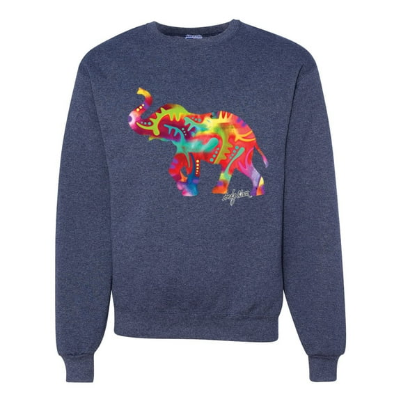 Wild Bobby, Colorful Walking Good Luck Elephant Animal Lover Unisex Crewneck Graphic Sweatshirt, Vintage Heather Navy, 3XL