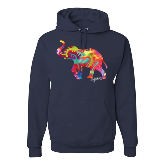 Wild Bobby, Colorful Walking Good Luck Elephant Animal Lover Unisex Graphic Hoodie Sweatshirt, Navy, Small