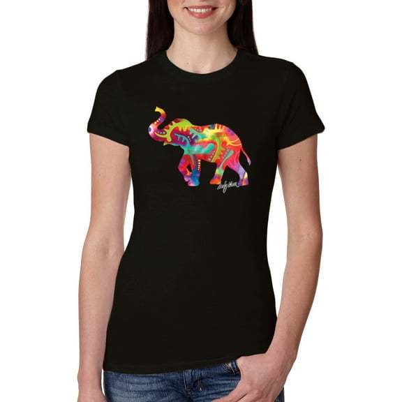 Wild Bobby, Colorful Walking Good Luck Elephant Animal Lover Womens Slim Fit Junior Tee, Black, Small