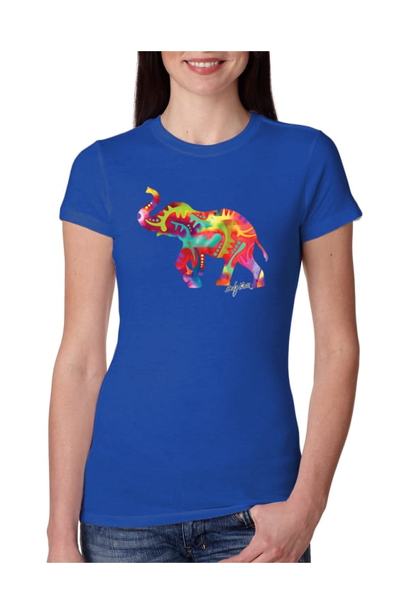 , Colorful Walking Good Luck Elephant Animal Lover Womens Slim Fit Junior Tee, Royal, Small