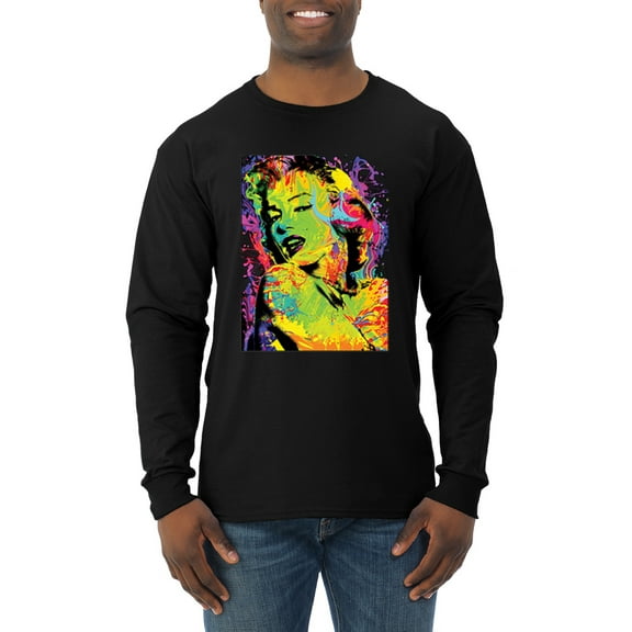 Wild Bobby, Colorful Woman Marilyn Monroe Pop Culture Mens Long Sleeve Shirt, Black, Small