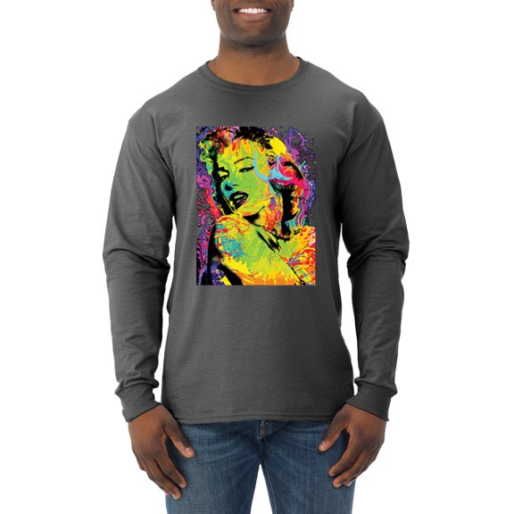 Wild Bobby, Colorful Woman Marilyn Monroe Pop Culture Mens Long Sleeve Shirt, Heather Black, X-Large
