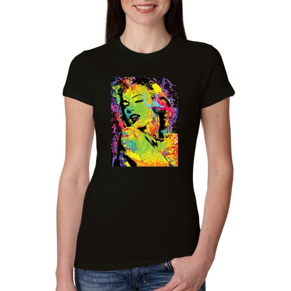 Colorful Woman Marilyn Monroe Pop Culture Womens Slim Fit Junior Tee, Black, Medium