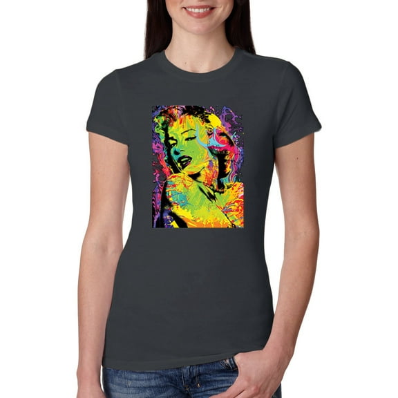 Wild Bobby, Colorful Woman Marilyn Monroe Pop Culture Womens Slim Fit Junior Tee, Dark Grey, 2XL
