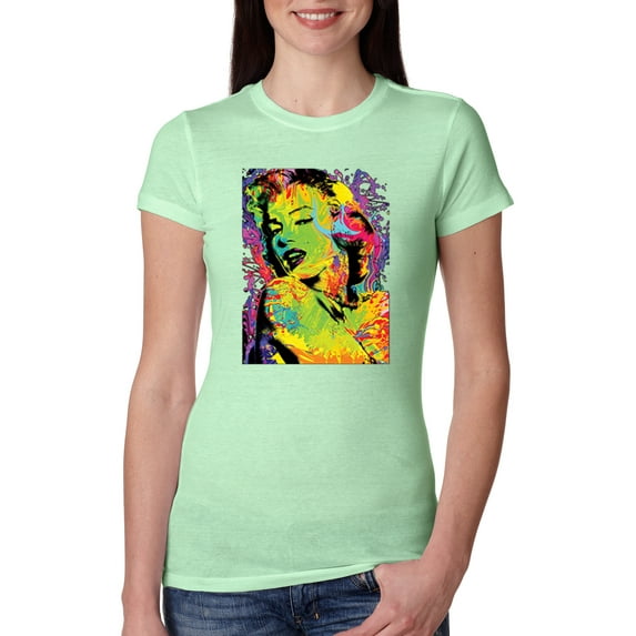 Wild Bobby, Colorful Woman Marilyn Monroe Pop Culture Womens Slim Fit Junior Tee, Mint, Large