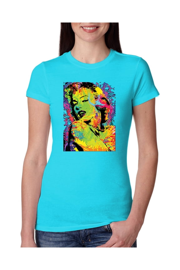 , Colorful Woman Marilyn Monroe Pop Culture Womens Slim Fit Junior Tee, Tahiti Blue, X-Large
