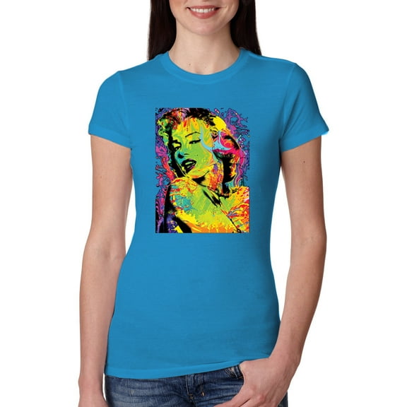 Wild Bobby, Colorful Woman Marilyn Monroe Pop Culture Womens Slim Fit Junior Tee, Turquoise, 2XL