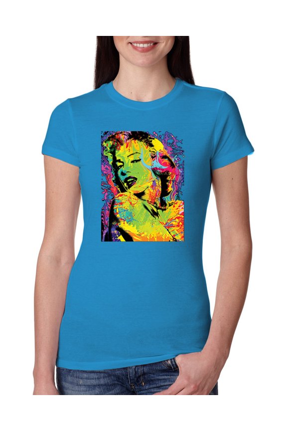 , Colorful Woman Marilyn Monroe Pop Culture Womens Slim Fit Junior Tee, Turquoise, Medium