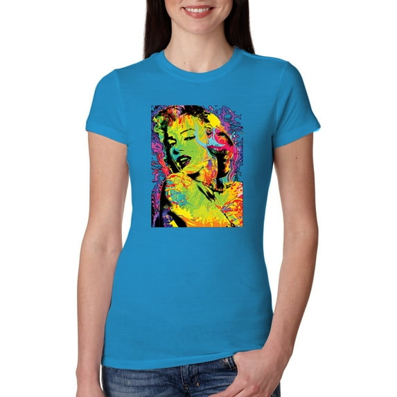 Colorful Woman Marilyn Monroe Pop Culture Womens Slim Fit Junior Tee, Turquoise, X-Large