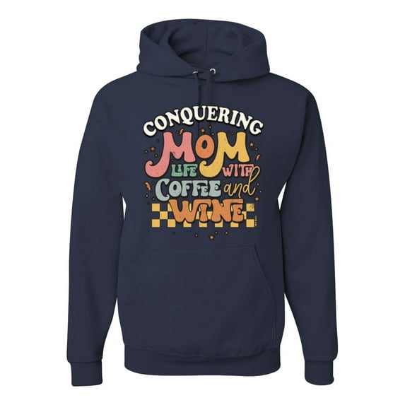 Wild Bobby Conquering Mom Life With Coffee and Wine Checkered Background Stars Humor Unisex Hoodie Sweatshirt, Navy, Large